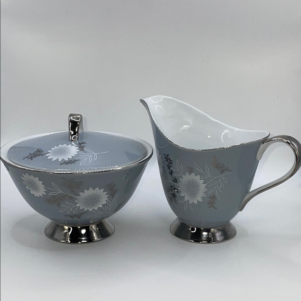 Seyei Vintage Elegant Gray Floral Creamer and Sugar Bowl Set “Starlite”
